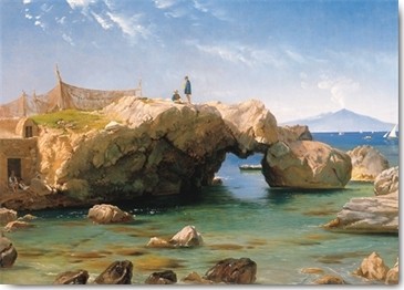 Carl Frederik Aagaard, Eine felsige Küste mit dem Vesuv im Hint (Landschaften, Italien, Vesuv, Golf von Neapel, Klassiker, Küste, Felsen, Wohnzimmer, Treppenhaus, Wunschgröße, bunt)