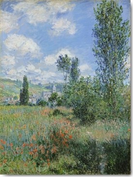 Claude Monet, Ile Saint-Martin (Wunschgröße, Impressionismus, Malerei, Blumenfeld, Bäume, Pappeln, Horizont, Dorf, Blüten, Idylle, Frankreich, Schlafzimmer, Wohnzimmer, Wintergarten, bunt, Klassiker)
