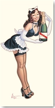 Patrick Hitte, French Maid (Pin up, Frau, Zimmermädchen, Strapse, Champagner, Erotik, kokett, People & Eros, Grafik, Wohnzimmer, Treppenhaus, Bistro, Gastronomie, Wunschgröße, bunt)