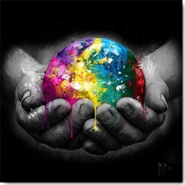 Patrice Murciano, We Are the World (Hände, Kugel, Welt, Erde, Veräntwortung, Leuchtfarben, Neon, Schrill, Modern, Malerei, Jugendzimmer, Wohnzimmer, Schlafzimmer,  bunt)