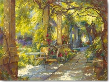 Johan Messely, Promenade provençale (Malerei, Nostalgie, Garten,  Natur, Mediterran, Terrasse, Haus, Pflanzen, Südfrankreich, Entspannung, Ruhe, Schatten, Idylle, Sonnenlicht, Wohnzimmer, , bunt)