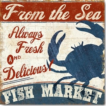 Pela Studio, Fresh Seafood IV (Wunschgröße, Grafik, Hinweisschild, Schild, Fischmarkt, Krebse, Krabben, Seefrüchte, Restaurant, Gastronomie, Bistro, Küche, Esszimmer, Retro, shabby, bunt)