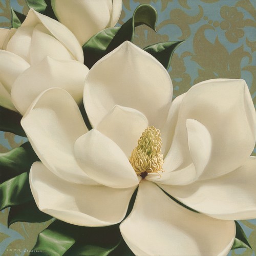 Igor Levashov, Dolce Magnolia (Wunschgröße, Malerei, Fotorealismus, weiße Magnolie,  Blumen, Blüte, Blütenblätter,  Wohnzimmer, Treppenhaus, bunt)