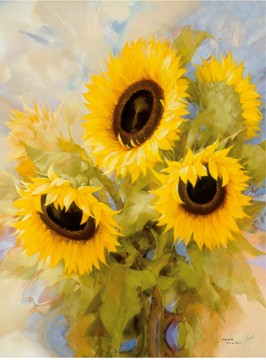 Igor Levashov, Sunflowers dream (Malerei, Blumen, Blüte, Sonnenblumen, Sommer, fröhlich, Wohnzimmer, Treppenhaus, bunt)