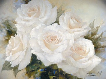 Igor Levashov, White Roses (Malerei, Fotorealismus, Bouquet, weiße Rosen, Blumen, Blüten, Blütenpracht, Blütenblätter, Schönheit, Wohnzimmer, Treppenhaus, Schlafzimmer, bunt)