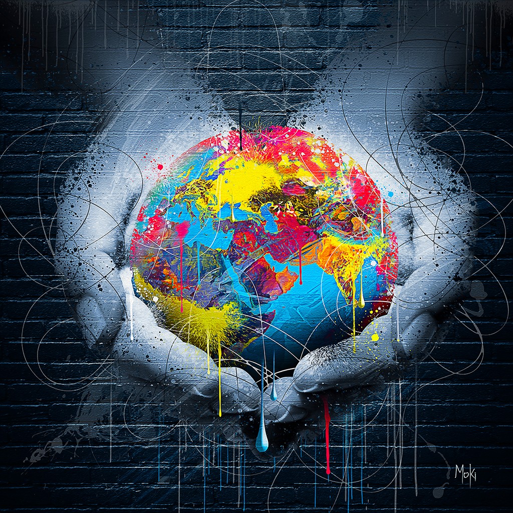 Moki, Earth Color (Hände, Erde, Erdball, Weltkugel, Planet, Pop-Art, modern, schrill, Malerei, Jugendzimmer, Wohnzimmer, Treppenhaus, Wunschgröße, bunt)