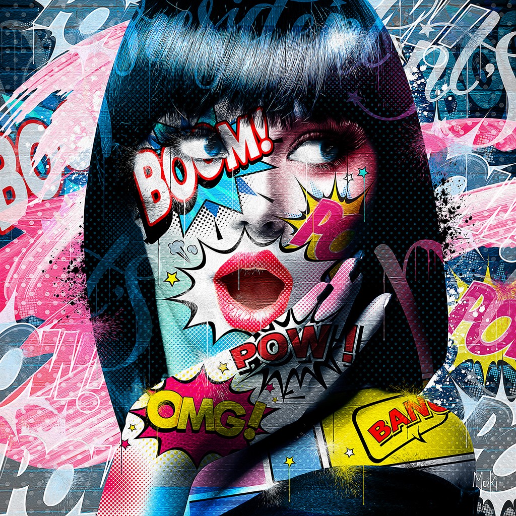 Moki, Woman Pop (Portrait, Frau, Comic, Pop-Art, modern, schrill, Malerei, Jugendzimmer, Wohnzimmer, Treppenhaus, Wunschgröße, bunt)