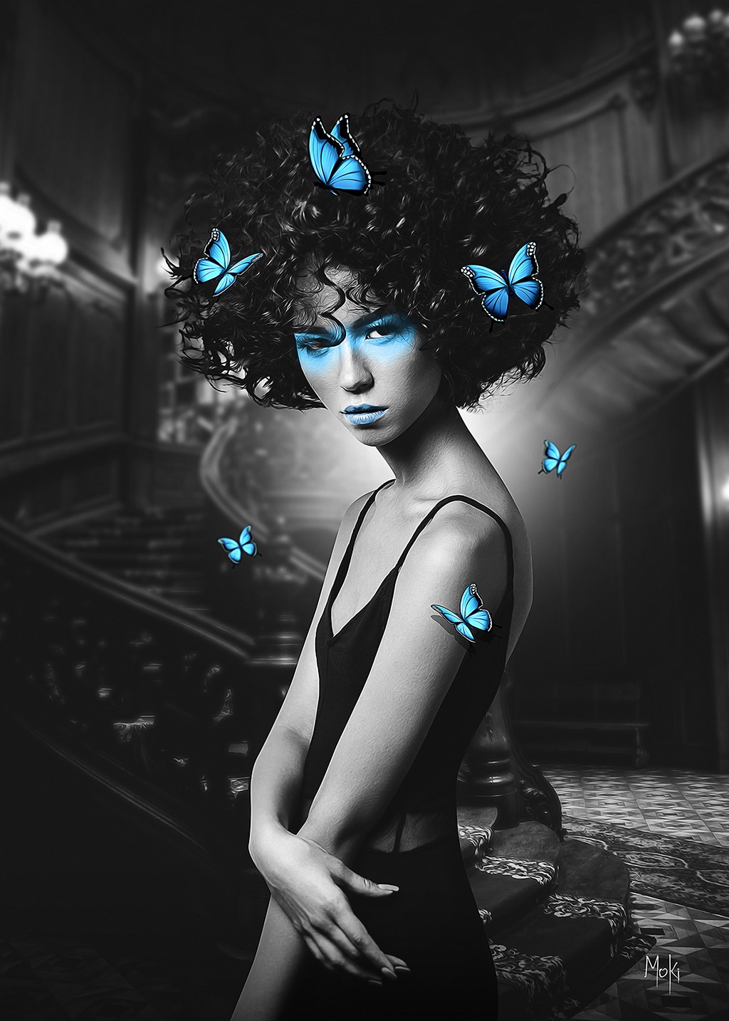 Moki, Femme papillon (Junge Frau, Locken, afro, Schmetterlinge, Pop-Art, modern,  Malerei, Jugendzimmer, Wohnzimmer, Treppenhaus, Wunschgröße, schwarz/weiß, blau)