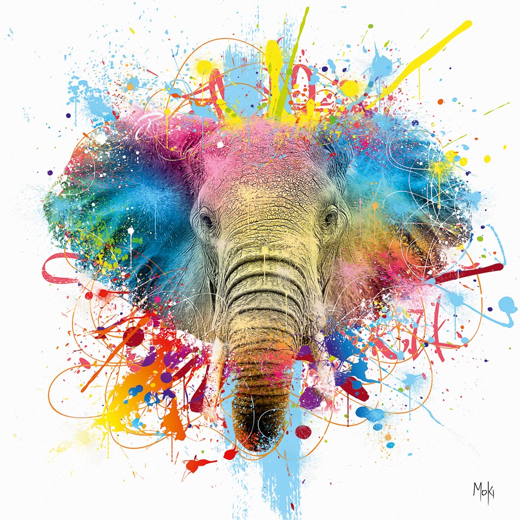 Moki, Eléphant Pop blanc (Elefant, Tierportrait, Rüssel, Farbspritzer, Pop-Art, modern, schrill, Malerei, Jugendzimmer, Wohnzimmer, Treppenhaus, weiß-bunt)