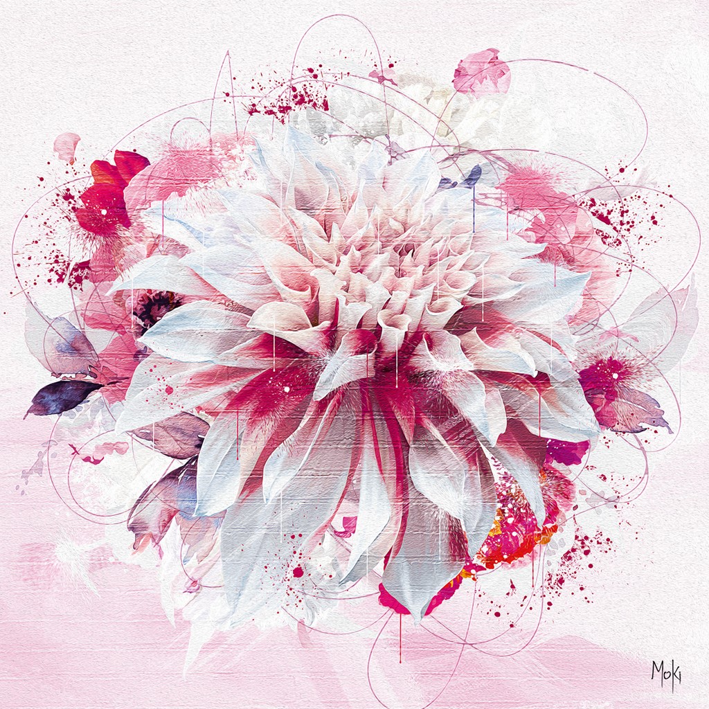 Moki, Flower Pop 2 (Blume, Blüte, Dahlie, Pflanze, Pop-Art, modern, Malerei,  Wohnzimmer, Treppenhaus, weiß/pink)