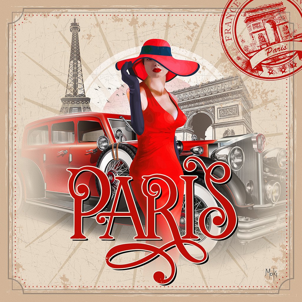 Moki, Paris (Paris, Eiffelturm, Frau, eleganz, rotes Kleid, Hut, Sommer, Oldtimer, Nostalgie, Treppenhaus, Esszimmer, Postkarte, Wunschgröße, grau/rot)