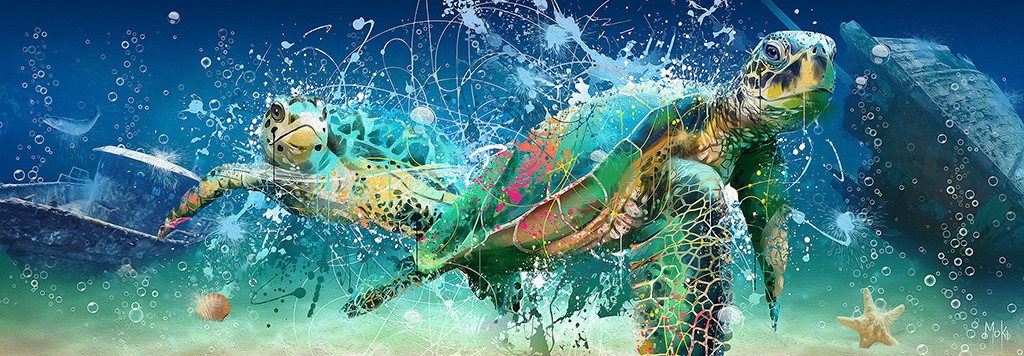 Moki, Tortue Pop Pano (Schildkröten, Meerestiere, Meeresschildkröten, Tierportrait, Farbspritzer, Pop-Art, modern, schrill, Malerei, Jugendzimmer, Wohnzimmer, Treppenhaus, Wunschgröße, bunt)