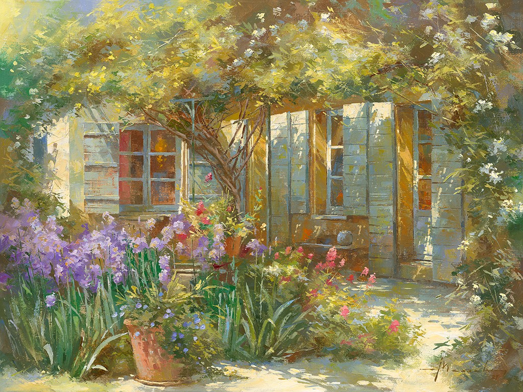 Johan Messely, Jardin aux iris (Wunschgröße, Nostalgie, Garten,  Natur, Mediterran, Terrasse, Haus, Blumen, Iris, Pflanzen,  Entspannung, Ruhe, Schatten,  Idylle, Sonnenlicht, Wohnzimmer, Esszimmer, bunt)