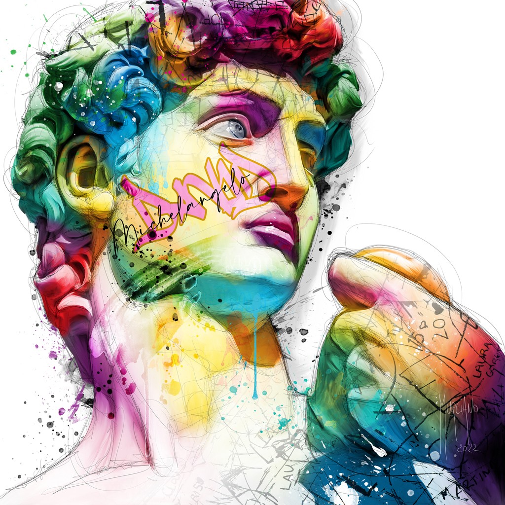 Patrice Murciano, David (Pop Art, Skulptur, Adaption, Michelangelo,Gesicht, Kopf, Punk, Leuchtfarben, Neon, Schrill, Modern, Malerei, Jugendzimmer, Wohnzimmer, Jugendzentrum, Wunschgröße, regenbogenfarben)