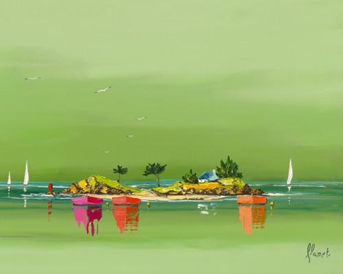 Frédéric Flanet, Petite brise (Wunschgröße, Malerei, Moderne Malerei, Meeresbrise, Landschaften, Meer, Insel, Segelboote, bunte Segel, Spiegelung, Reflexion, Bretagne, Frankreich, Atlantik, Wohnzimmer, Treppenhaus, grün / bunt)