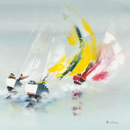 Gérard de Courcy, Les Spi jaunes (Meeresbrise, Segler, abstrakte Malerei, Segelboote, Wind, steife Brise, Regatta, Modern, Wohnzimmer, Treppenhaus, Wunschgröße, bunt)