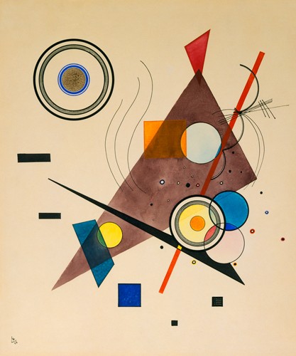 Wassily Kandinsky, Komposition 1923 (Wunschgröße, Klassische Moderne, Malerei, abstrakte Kunst, geometrische Formen, abstrakte Muster, Rechtecke, Kreise, Streifen, Dreieck, Balken, Linien, Bögen, Farbflächen, Wohnzimmer, Büro, Arztpraxis, bunt)