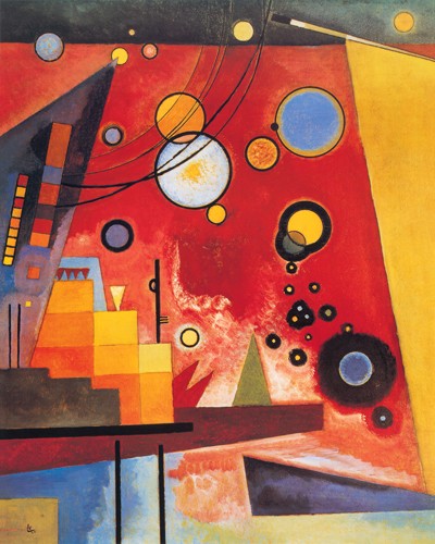 Wassily Kandinsky, Schweres Rot (Klassische Moderne, Malerei, abstrakte Kunst, abstrakte Architektur, abstrakte Formen, abstrakte Muster, Linien, Kreise, Dreiecke, Bögen, Balken, Halbkreise, Striche, Wohnzimmer, Büro, Arztpraxis, bunt)