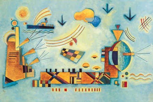 Wassily Kandinsky, Dolce evento (Wunschgröße, Klassische Moderne, Malerei, abstrakte Kunst, geometrische Formen, abstrakte Muster, Linien, Kreise, Dreiecke, Wellenlinien, Balken, Bögen, Wohnzimmer, Büro, Arztpraxis, bunt)