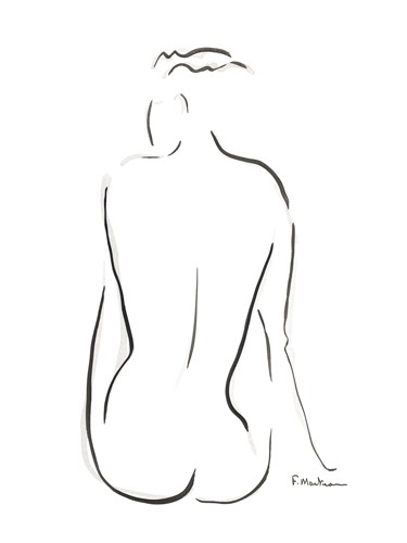 Frédérique Marteau, Anabelle (Wunschgröße, Zeichnung, Akt, nackte Frau, Rückenakt,sitzend, modern, Strichzeichnung, Schlafzimmer, Treppenhaus, schwarz / weiß)