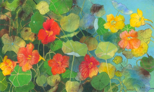 Loes Botman, Nasturtium 2 (Wunschgröße, Malerei, Natur, Kapuzinerkresse, Kresseblüten, Blüten, Botanik, Pflanze, Schlafzimmer, Treppenhaus, Wohnzimmer, bunt)