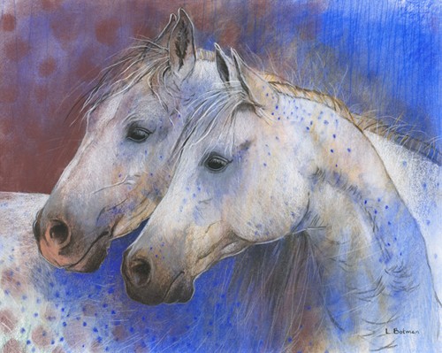 Loes Botman, Two Horses (Wunschgröße, Malerei, Natur, Pferde, Schimmel, Tiere, Portrait, Tierportrait, Schlafzimmer, Treppenhaus, Wohnzimmer, weiß / bunt)