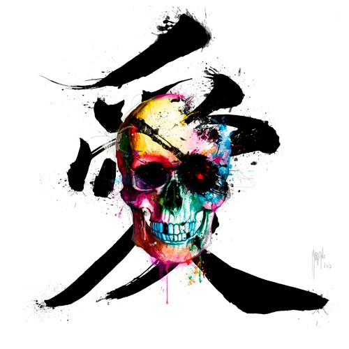 Patrice Murciano, Pirate (Pop Art, Persönlichkeit, Skull, Totenkopf, Pirat, Schriftzeichen, chinesisches Schriftzeichen, Schädel, Punk,  Leuchtfarben, Neon, Schrill, Modern, Malerei, Jugendzimmer, Wohnzimmer, Jugendzentrum, bunt)