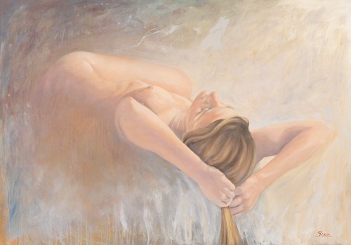 Pierre Mallo, Nude II (Aktmalerei, nackte Frau, Erotik, lasziv, Liegende, modern, Schlafzimmer, zeitgenössisch, Wunschgröße, bunt)