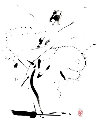 Marc Hanniet, Comme une fleur, légère (Tänzerin, Frau, Leichtigkeit, Eleganz, Schwung, Dynamik, Schlafzimmer, Treppenhaus, Tanzschule, Zeichnung, Wunschgröße, zeitgenössisch, schwarz / weiß)