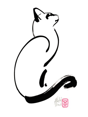 Marc Hanniet, Fidèle, l'attente du maître (Katze, Schwung, Dynamik, Leichtigkeit, Aufmerksamkeit, Wohnzimmer, Treppenhaus, Zeichnung, zeitgenössisch, Wunschgröße, schwarz / weiß)
