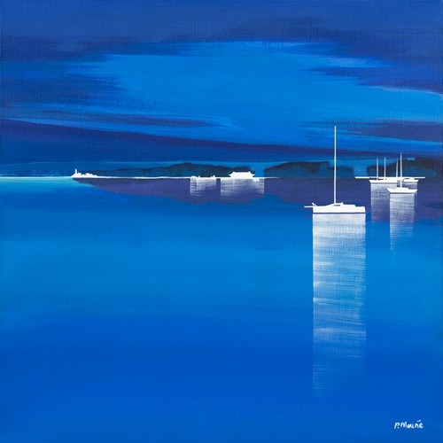 Pierre Mouné, Régate Bleu (Segelboote, Meer, Inseln, Klarheit, moderne Malerei, Spiegelungen, himmelblau, Wohnzimmer, Badezimmer, Treppenhaus, zeitgenössisch, Wunschgröße, blau/weiß)