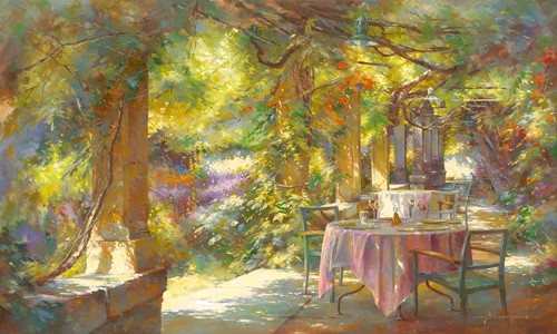 Johan Messely, Instant bénit (Malerei, Nostalgie, Garten,  Natur, Mediterran, Terrasse, Haus, Pflanzen, Blumen, Entspannung, Ruhe, Schatten, Idylle, Sonnenlicht, Wohnzimmer, Wintergarten, Wunschgröße,  bunt)