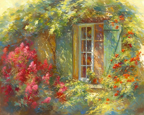 Johan Messely, Charme Provençale (Garten,  Natur, Mediterran, Terrasse, Haus, Pflanzen,  Entspannung, Ruhe, Schatten, Idylle, Sonnenlicht, Nostalgie, Wohnzimmer, Wintergarten, Malerei, Wunschgröße, bunt)