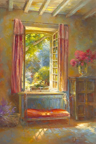 Johan Messely, Le lit de Sãska (Nostalgie, Interieur, Zimmer, Exotik, exotisches Ambiente, Entspannung, Ruhe, Schatten, Gemütlichkeit, Idylle, Sonnenlicht, Wohnzimmer, Wintergarten, Wunschgröße, Malerei, bunt)