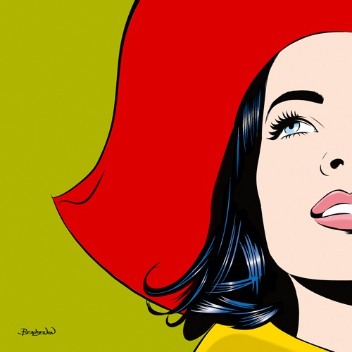 Thierry Beaudenon, Joy (Frau, Gesicht, Portrait, Hut, Pop Art, Malerei, leuchtend, Treppenhaus, Wohnzimmer, Wunschgröße,  bunt)