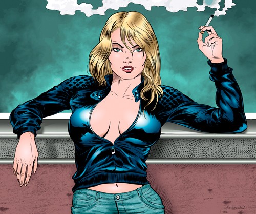 Thierry Beaudenon, So what? (Frau, Portrait, Dekoltee, Raucherin, provokant, Pop Art, Malerei, leuchtend, Treppenhaus, Wohnzimmer, Jugendzimer, Wunschgröße, bunt)