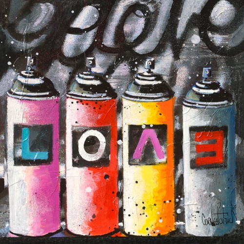 Patrick Cornée, Love the World I (Liebe, Sprühdosen, Farbsprühdosen, Love, Graffity, pop art, Jugendzimmer, Wohnzimmer, Treppenhaus, Wunschgröße, modern, bunt)