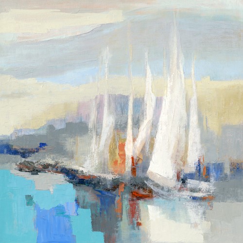 Chantal Parise, Voiles blanches II (Segelboote, abstrahiert, Wunschgröße, Malerei, Meeresbrise, Küstenlandschaft, modern, Meer,Schlafzimmer, Badezimmer, Treppenhaus, Wohnzimmer, bunt)