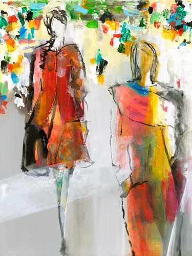 Jenny Schäfer, Stadtlust (Abstrakte Kunst, abstrakte Malerei, Farbflächen, Wischspuren, Muster, figurativ, Frauen, abstrahiert, Eleganz, chic, Wunschgröße, Wohnzimmer, Treppenhaus, bunt)