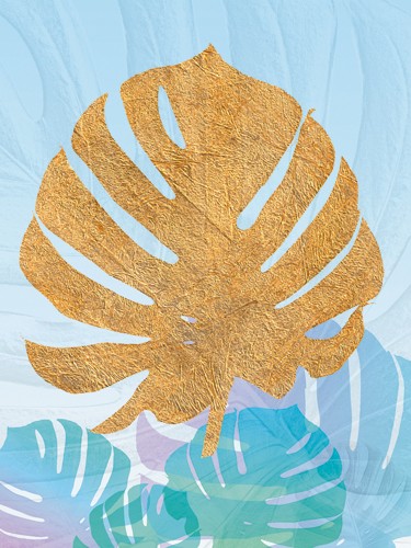 SARA Design, Goldnes Sommerblau II (Pflanze, Blatt, Abdruck, dekorativ, floral, Schlafzimmer, Treppenhaus, Wohnzimmer, gold/bunt)