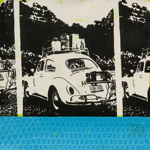 Chrystelle Gouy, Coccinelle Bis (Käfer, Volkswagen, Nostalgie, Urlaub, retro, Vintage, modern, Fotokunst, Colorspot, Jugenzimmer, Wohnzimmer, Wunschgröße,schwarz/weiß/blau)