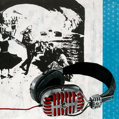 Chrystelle Gouy, Danse sous les Ponts (Tanz unter Brücke, junge Menschen, Spaß, sechziger Jahre, retro, Vintage, modern, Fotokunst, Jugenzimmer, Wohnzimmer, Wunschgröße, schwarz/weiß / blau)