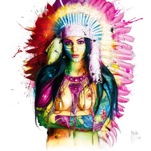 Patrice Murciano, L’attrapeuse de rêves (Indianerin, Indianermädchen, Kopfschmuck, Federn, Brüste, Punk, Kopfbedeckung, Pop Art, Leuchtfarben, Neon, Schrill, Modern, Malerei, Jugendzimmer, Wohnzimmer, Wunschgröße, bunt)