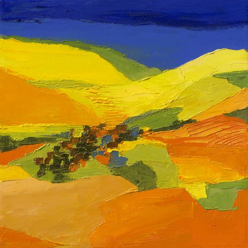Laurence Mauviel, Terre de soleil (Landschaftsmalerei, Felder, Hügel, Dorf, pastos, leuchtend, zeitgenössische Malerei, modern, abstrahiert, Wunschgröße, Wohnzimmer, Arztpraxis,  bunt)