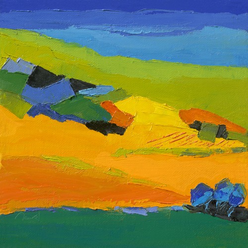 Laurence Mauviel, Méridienne (Landschaftsmalerei, Felder, Hügel, pastos, leuchtend, zeitgenössische Malerei, modern, abstrahiert, Wunschgröße, Wohnzimmer, Treppenhaus, bunt)
