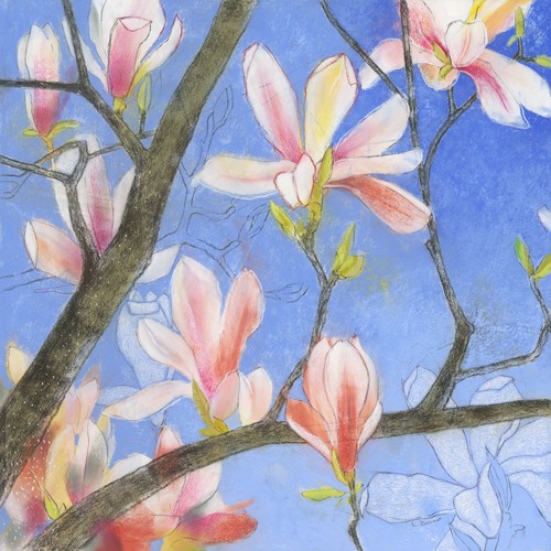 Loes Botman, Magnolie 1 (Wunschgröße, Malerei, Natur, Magnolie, Magnolienblüten, Zweig, Blüten, Botanik, Pflanze,  Schlafzimmer, Treppenhaus, bunt)