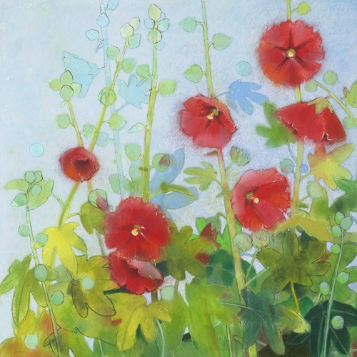 Loes Botman, Malven 1 (Wunschgröße, Malerei, Natur, Malven, Malvenblüten, Zweig, Blüten, Botanik, Pflanze,  Schlafzimmer, Treppenhaus, bunt)