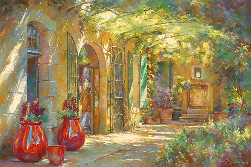 Johan Messely, Chez Ebène (Garten, Mediterran, Terrasse, Haus, Pflanzen,  Entspannung, Ruhe, Schatten, Idylle, Sonnenlicht, Nostalgie, Wohnzimmer, Wintergarten, Malerei, Wunschgröße, bunt)