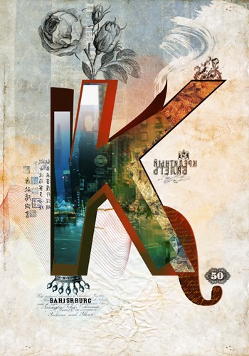 André Sanchez, Letter K (Buchstabe, Typografie, florale Ornamente, Architektur, Fotokunst, Augenarztpraxis, Wohnzimmer, Treppenhaus, Grafik, Wunschgröße, bunt)