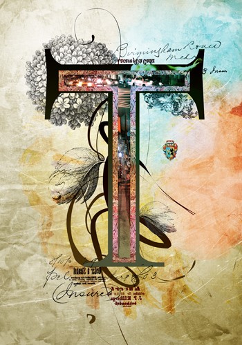 André Sanchez, Letter T (Buchstabe, Typografie, florale Ornamente, Architektur, Fotokunst, Augenarztpraxis, Wohnzimmer, Treppenhaus, Grafik, Wunschgröße, bunt)